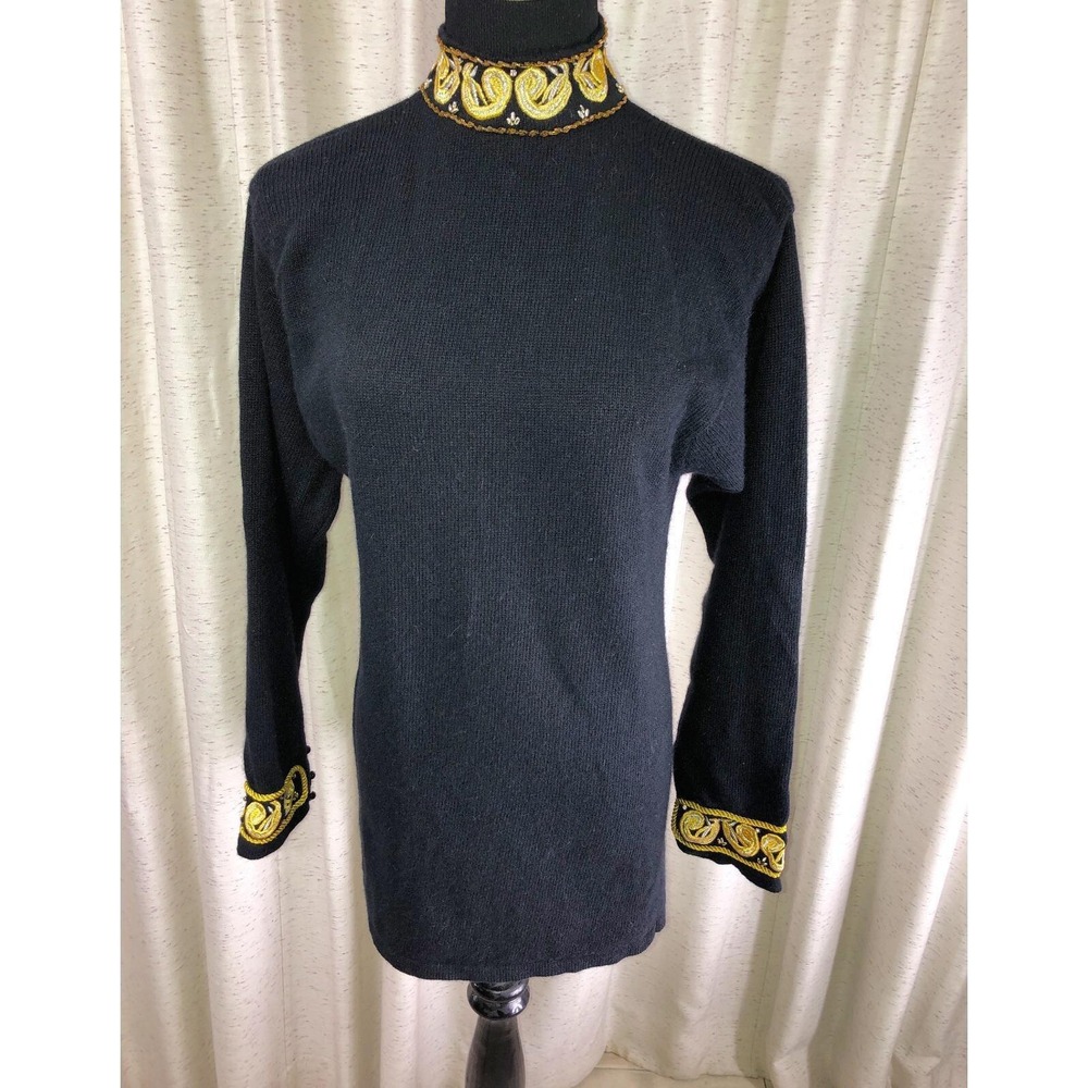 VTG  Black Knit Mock Neck Sweater Gold Metallic Embroidery Beaded Longline